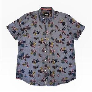 Superdry Floral Button Up Shirt Mens XL Chambray Tropical Short Sleeve